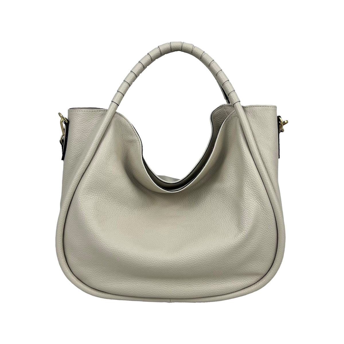 Bolso shopper de piel blanda beige, visto de frente sobre fondo blanco