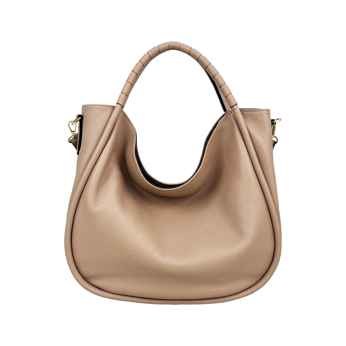 Bolso shopper de piel blanda rosa palo, visto de frente sobre fondo blanco