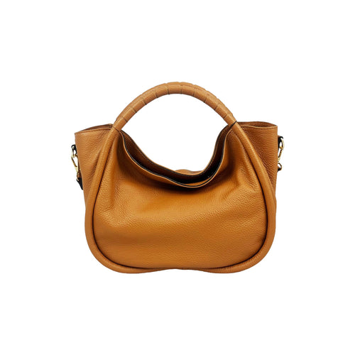 Bolso de mano de piel camel con asa redonda, visto de frente sobre fondo blanco