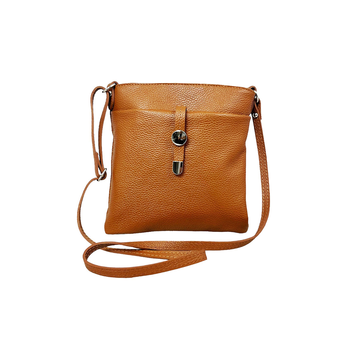 Bolso bandolera de piel plano camel, con el bolsillo delantero de cierre de cordón
