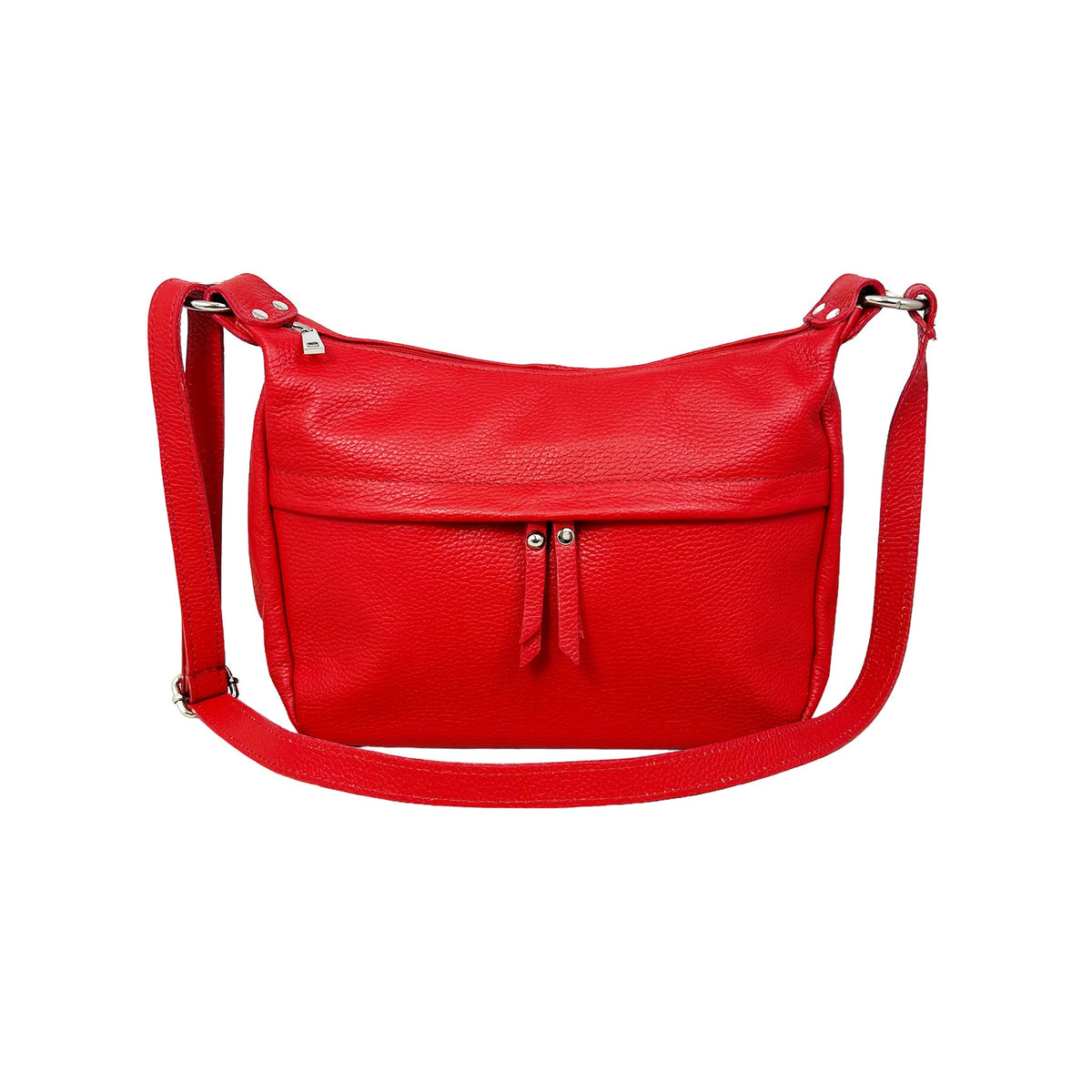 Bolso bandolera de piel en media luna, rojo, visto de frente sobre fondo blanco