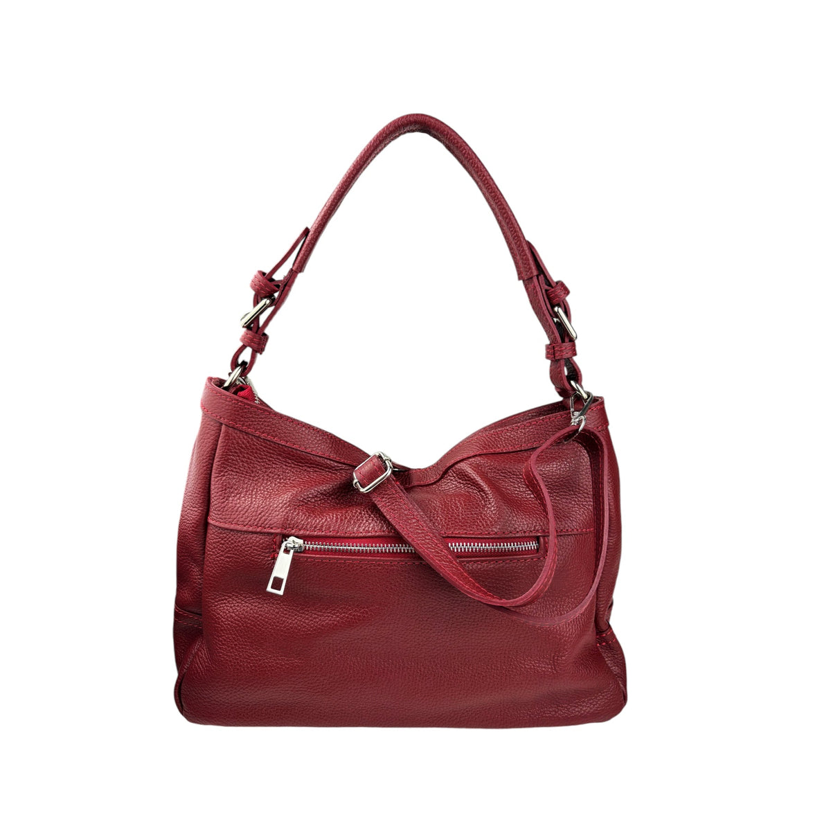 Interior del bolso hobo de piel, con el bolsillo de cremallera y los dos abiertos